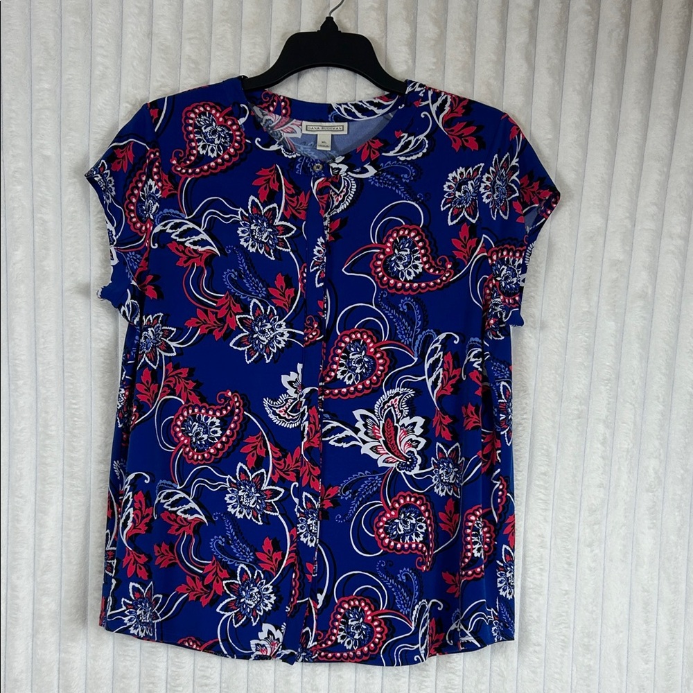 Dana Buchanan blue red paisley print button down cap sleeve blouse XL